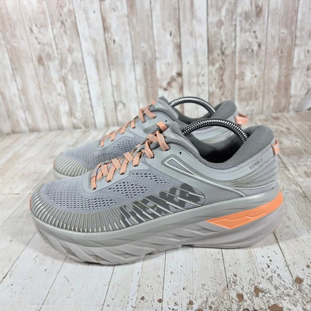 Hoka One One Bondi 7 Harbor Mist Sharkskin Grey Orange Running Shoes Womens 10
